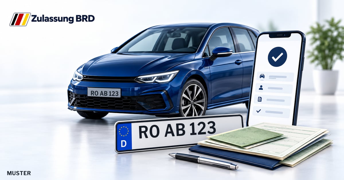 Online Fahrzeugzulassung in Raubling: Musterkennzeichen RO AB 123, Auto und Fahrzeugpapiere und Smartphone. Illustration mit Logo von Zulassung BRD.